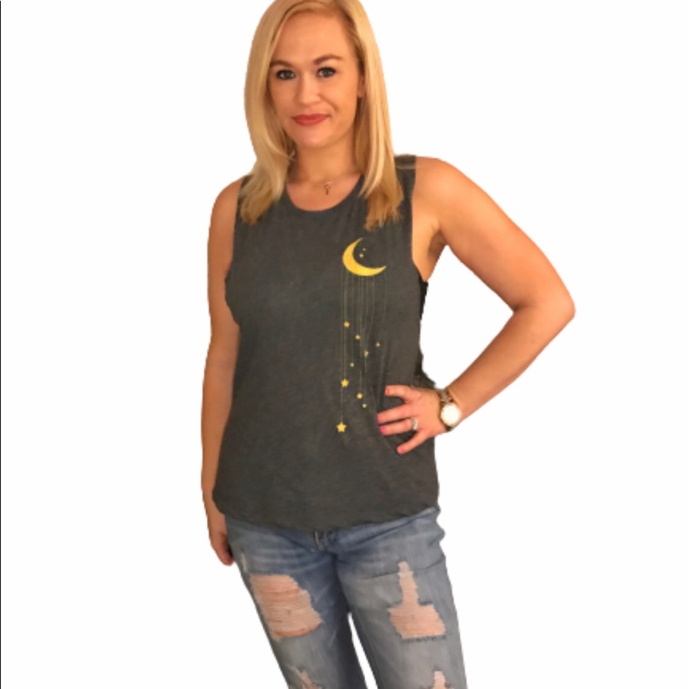 Charcoal Muscle Tee w/ Gold Moon and Stars. XL